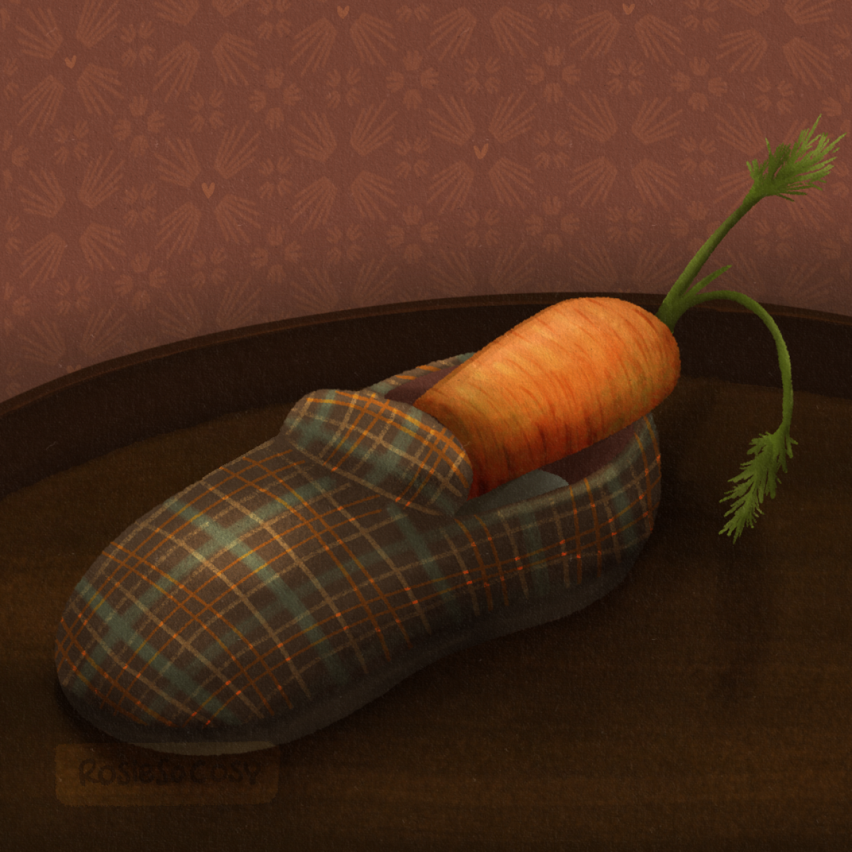 An illustration of a shoe, or rather a slipper, with a plaid pattern all over. There is a carrot inside, for Sinterklaas's horse Ozosnel.
