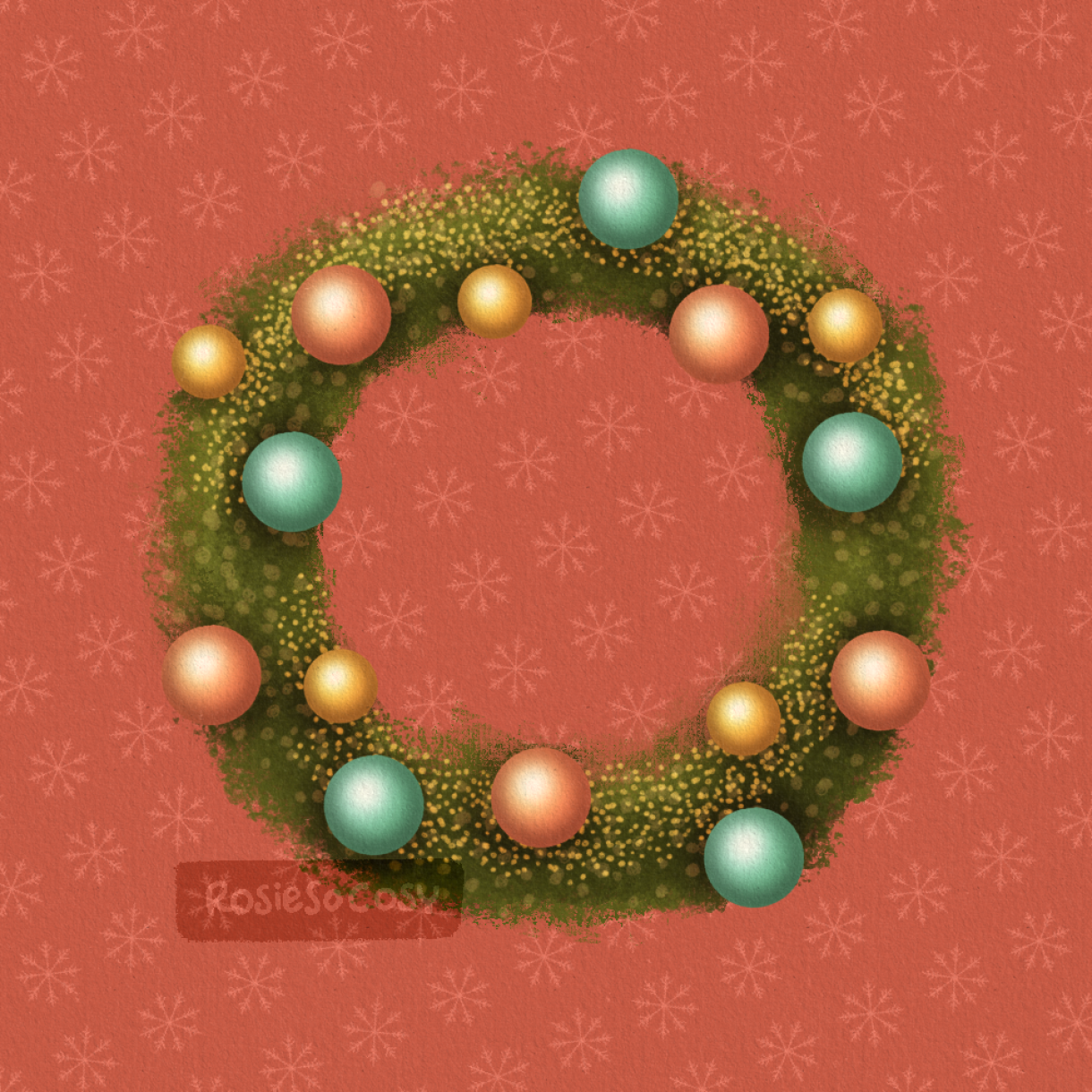 An illustration of a green Christmas wreath with coral, yellow, and aqua Christmas baubles, on a red background with snowflakes.