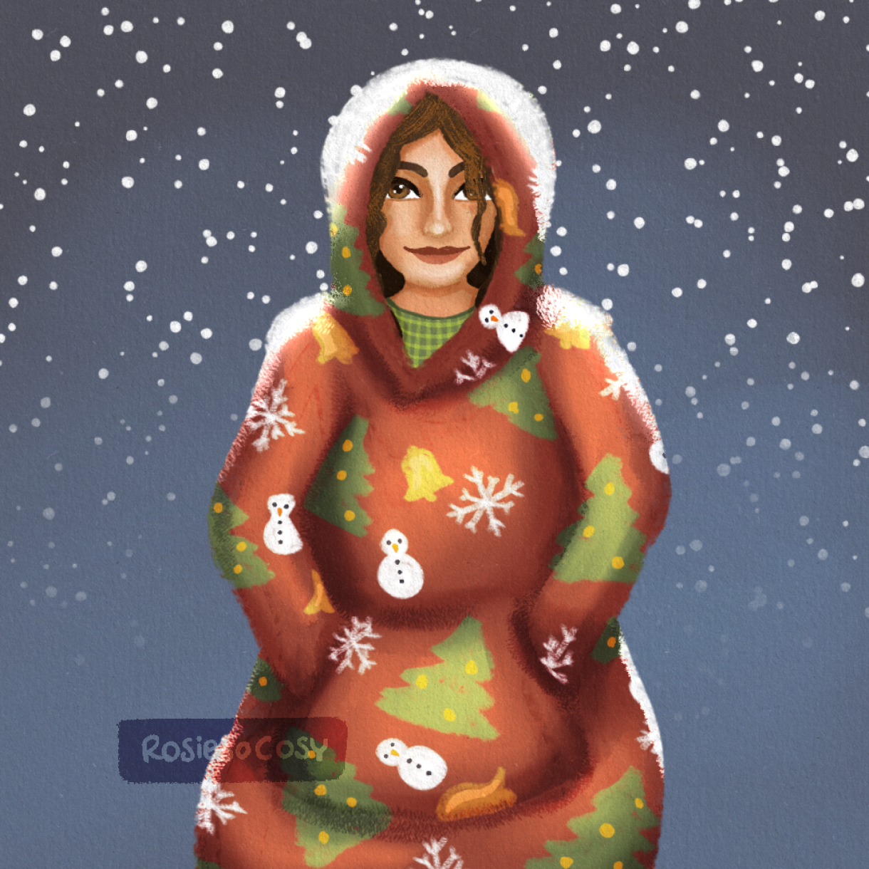 Illustration of a woman wearing an oversized fleece hoodie outside in the snow.
