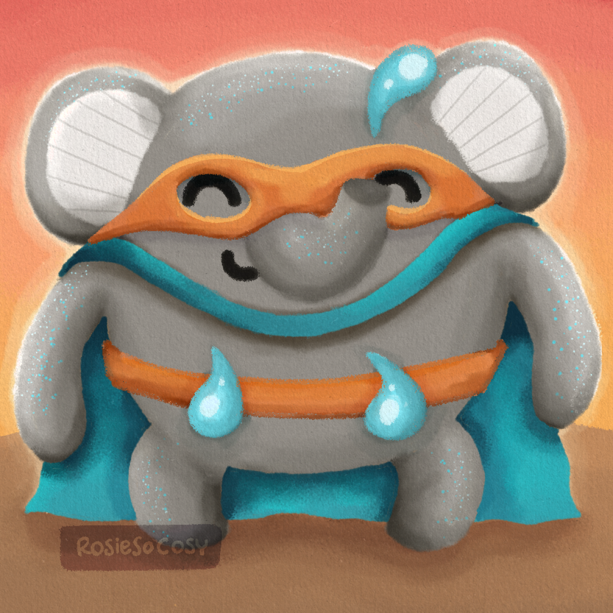 Illustration of a super hero elephant, wearing a blue cape, an orange mask, as well as an orange belt with blue water droplets.