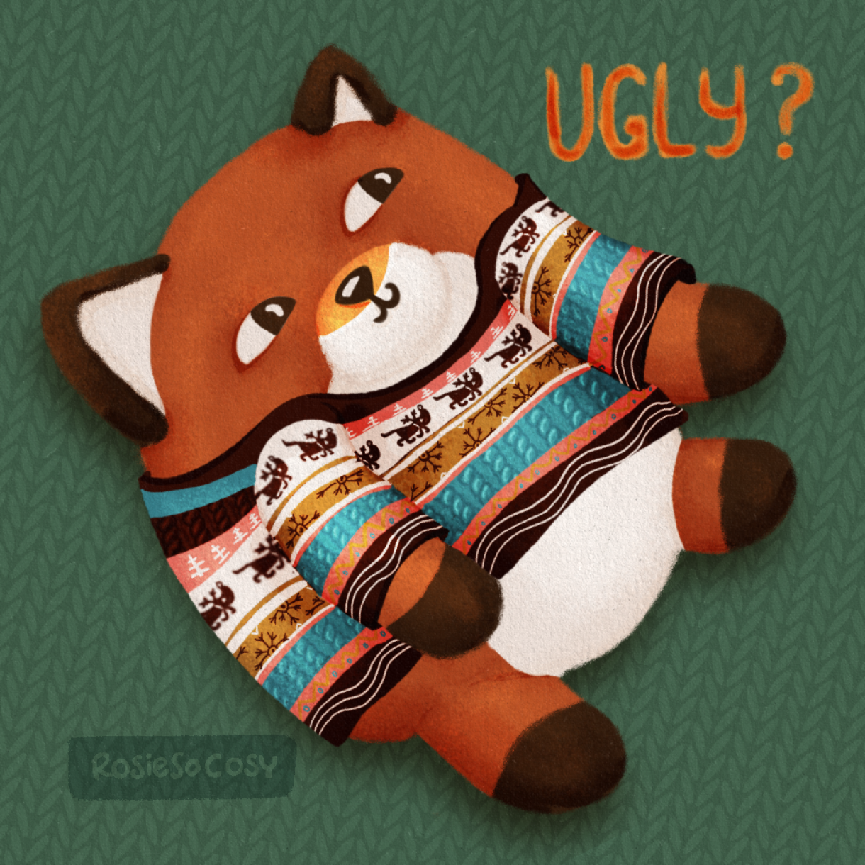 Illustration of a chonky fox wearing an ugly sweater with this year's multicolour design of the Takkie and Siepie Christmas jumper from HEMA.