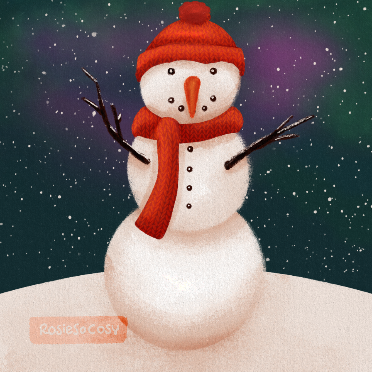 Illustration of a snowman wearing a red wooly hat, as well as a red scarf. It's night outside, and if you look closely, you can see Aurora Borealis in the background.