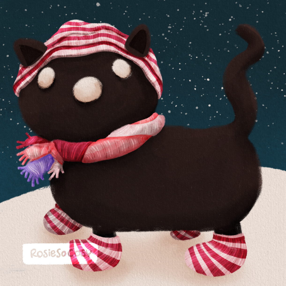 Illustration of Siepie, a black cat, outside playing in the snow. Siepie is wearing a red and white striped beanie, with matching socks and "mittens" on its feet. The scarf has similar colours, but a different stripey pattern.