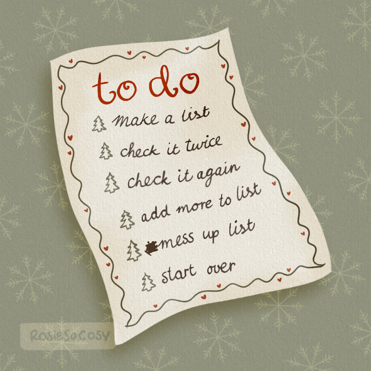 An illustration of a to do list. It says To Do at the top. And the bullet points shaped as Christmas trees are as follows: Make a list. Check it twice. Check it again. Add more to list. Mess up list. Start over. In front of Mess up list, there is an unreadable letter, indicating an error.