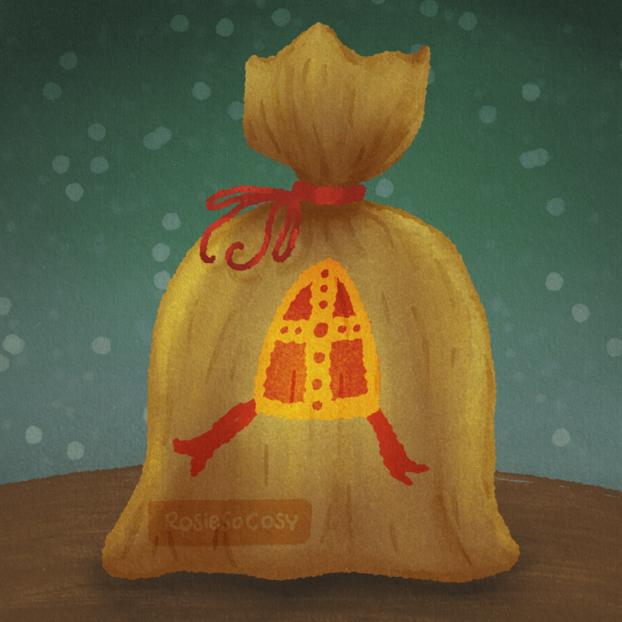 Illustration of a brown jute sack with a red and yellow Sinterklaas miter printed on it.