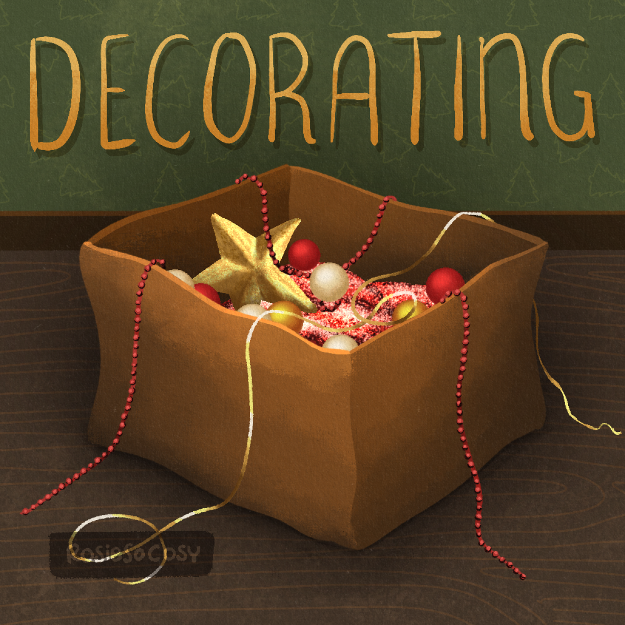 Illustration of a cardboard box, filled with Christmas decorations, Such as red beady garlands, gold tinsel, white, red and gold baubles, a red glittery cloth, and a gold star. The background has a green wall with a Christmas tree pattern. And above the box are gold letters spelling the word DECORATING.