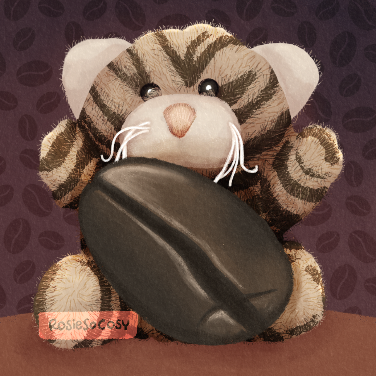 Illustration of Bebe, a small tiger cub plushie, holding a ginormous brown coffee bean.