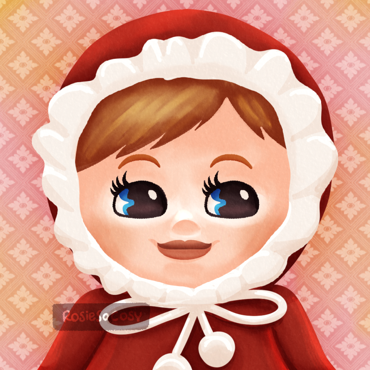 Illustration of Dolly, a light skinned doll wearing a red and white outfit. Dolly has ginger hair and blue eyes.