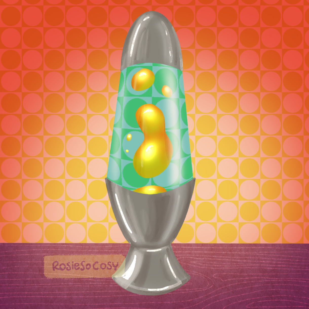 An illustration of a retro bullet aqua and lime green lava lamp, with a bright orange 70s wallpaper in the background.