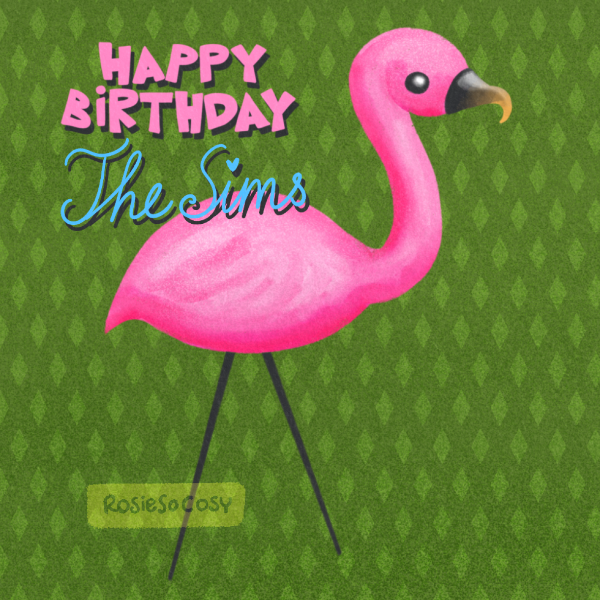 Illustration of a bright pink garden flamingo, on a green field of grass with a plumbob pattern. In the top left it says "happy birthday The Sims"