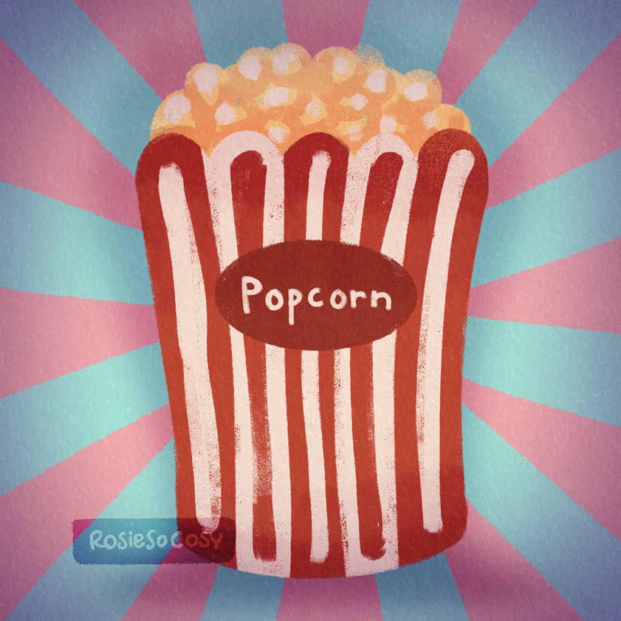 An illustration of a paper bucket of popcorn. It's striped red and white, with an red oval with Popcorn written in white letters. The popcorn looks buttery yellow.