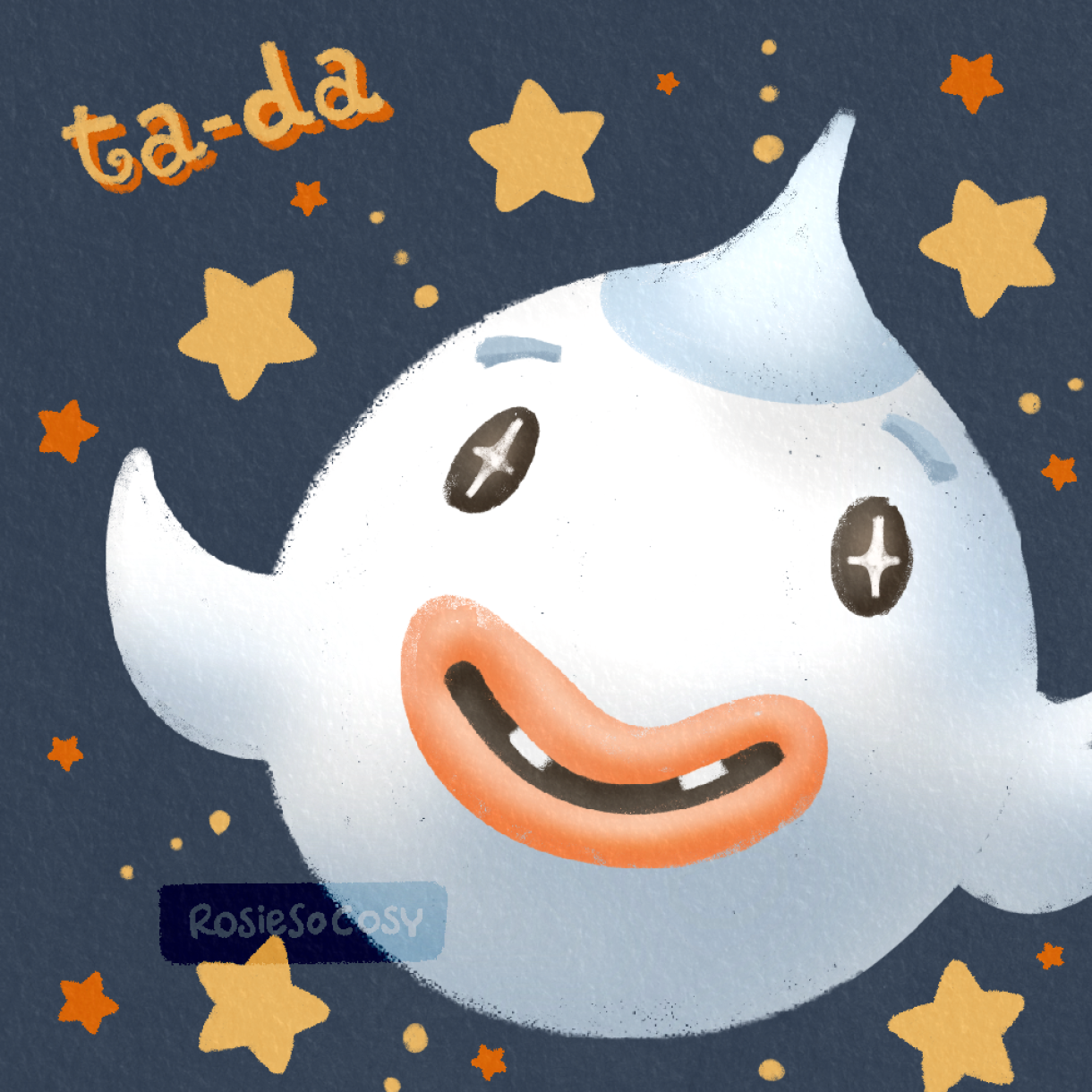 Illustration of Wisp, a ghost NPC character from the Animal Crossing video game series. Wisp is a friendly ghost who gives the player a challenge whenever he appears at night on the player's island. When you find all the missing ghost pieces, he says "Ta-da" which is also above his head in the illustration, as well as a bunch of yellow stars.
