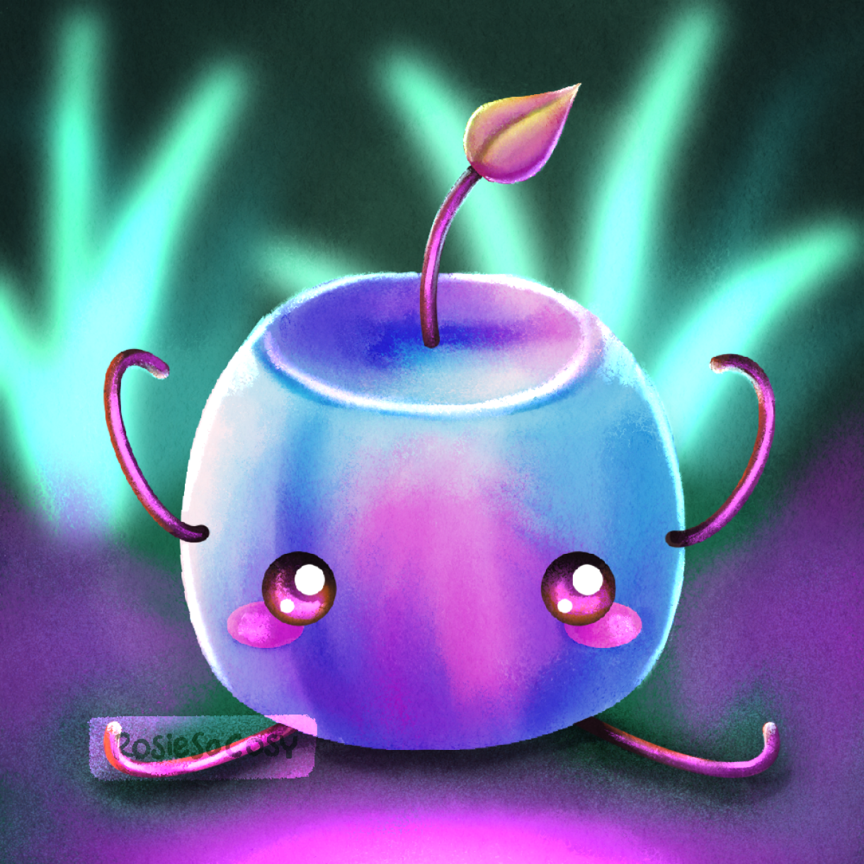 An illustration of a periwinkle Junimo creature from Stardew Valley. It appears to be looking at something that's emitting magenta glow/light. Whatever could that be?