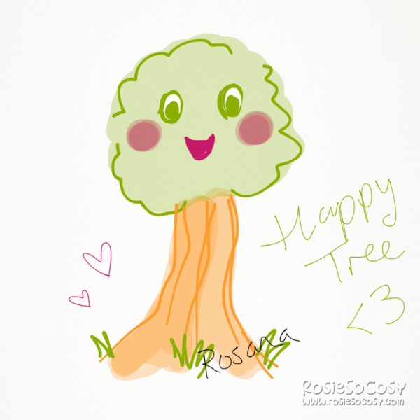 A happy tree. The trunk is orange and quite tall. The leaves are a light green. The tree has a face in the leaves, with happy eyes and a big smile. There's a few patches of grass surrounding the tree.