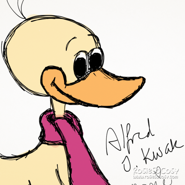 It's Alfred Jodocus Kwak, a yellow duck from a Dutch/Japanese TV show. He's smiling with his orange beak, he has a pink/red scarf around his neck. And there are a few stray hairs sticking out of the back of his head.