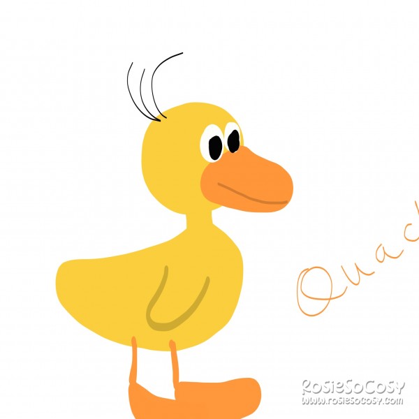 A little yellow duck. The duck has an orange beak and orange feet, and three black hairs on the top of its head. The duck has eyes with black pupils. Next to the duck it says Quack.