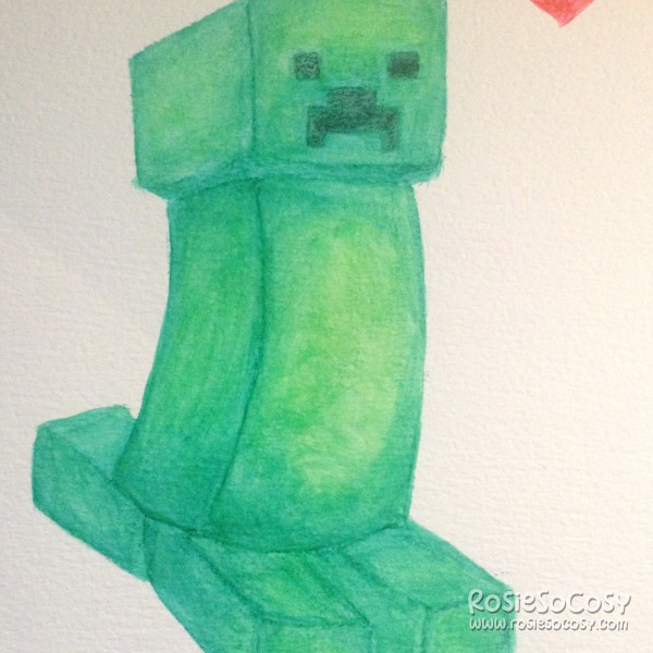 A creeper from Minecraft done in watercolour. The creeper is a green, tall character from Minecraft. Despite its deadly character, there is a small red heart next to it.