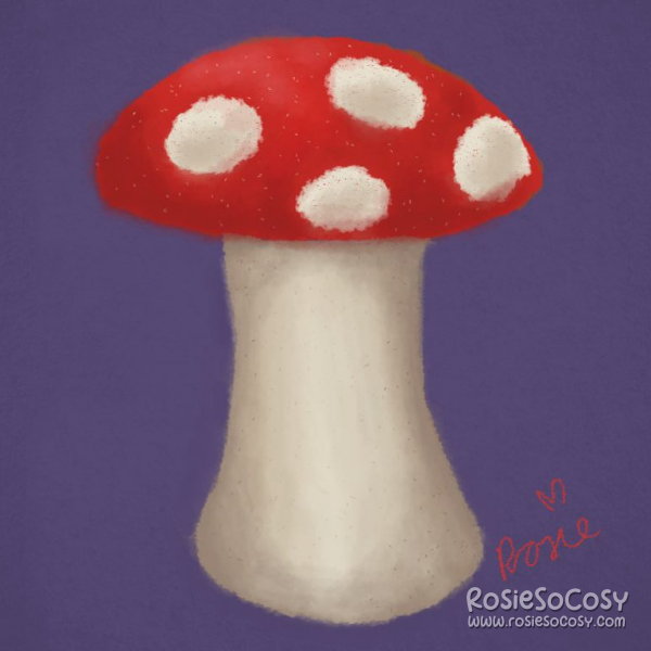 It's a red and white mushroom. The white part is really thick and more a creamy colour. The top is bright red with 4 creamy dots. The background is purple.
