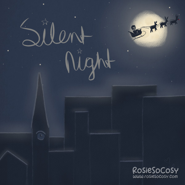 Silent Night. A quick drawing of a nighttime setting with a church and several high buildings in the sky. The buildings are all really dark blue silhouettes. The sky is a medium to dark blue and there's a white/yellow moon in it. On the left it says Silent Night, and on the right, over the moon, you can see Santa's sleigh with his reindeer.