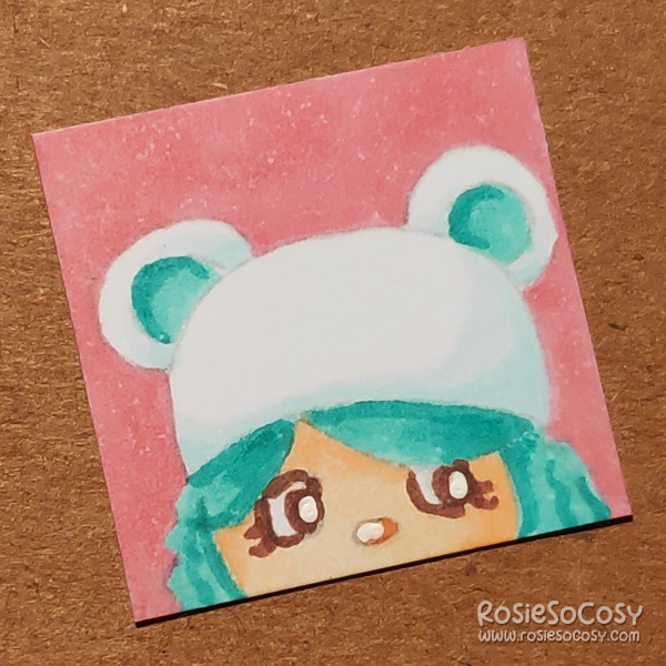 An inch sized drawing of Rosie's character in Animal Crossing: New Horizons. Rosie has a medium skintone, seafoam/turquoise hair, and is wearing a white (bear) animal hat. The background is pink.
