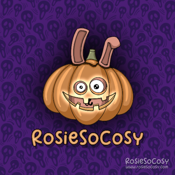 A big orange pumpkin with a cheeky pink Freezer Bunny hiding inside. The bunny ears are sticking out between the pumpkin and its lid. Underneath the pumpkin it says Rosie So Cosy. The background is a dark purple, with a spooky faces pattern all over.