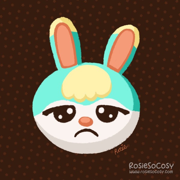 Sasha from Animal Crossing. A seafoam bunny with a white face, partially yellow ears and fringe, and orange/pink inside his ears. Sasha is looking really sad.