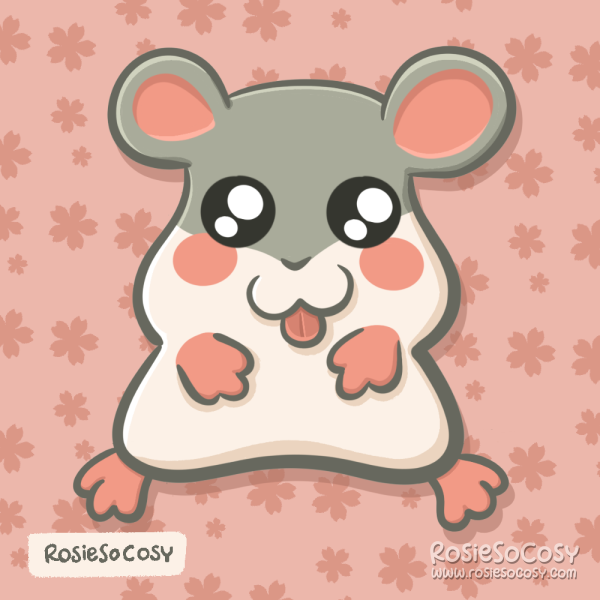 A white and grey hamster with pink accents inside its ears, hands, feet and cheeks. Hammie has got really big black eyes. The background is pink with sakura leafs.