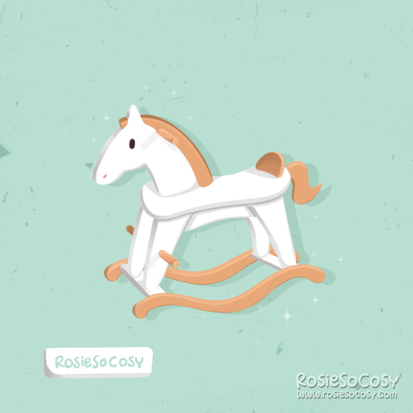 Illustration of a white and light brown wooden rocking horse.