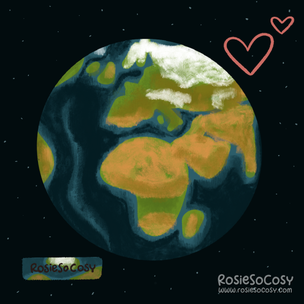 Illustration of earth as seen from space, with two hearts next to it.