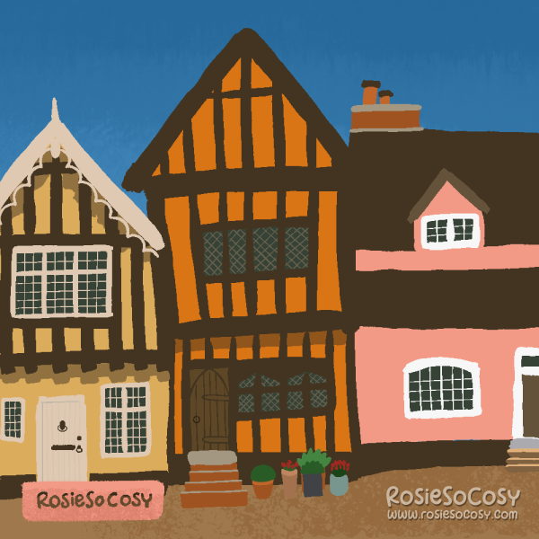 An illustration of the Crooked house in Lavenham.The crooked house in the middle is orange. The house on the left is a sunny yellowwith a white door and white paneled windows. The house on the right is light pink.
