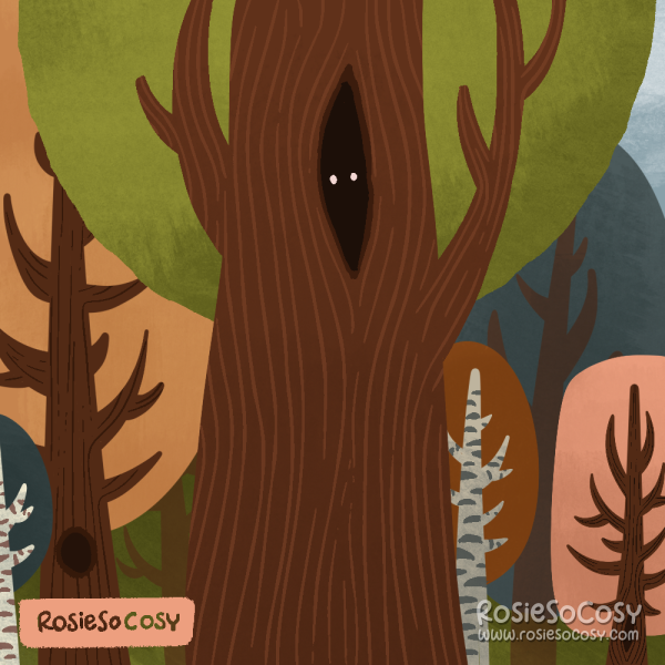 Illustration of a tree in a forest. It is surrounded by other trees, all in different autumn like colours. Inside the big tree in the middle is a cavity with a critter hiding inside. It's black inside the cavity and you can only really see two white dots, implying the critters' eyes.