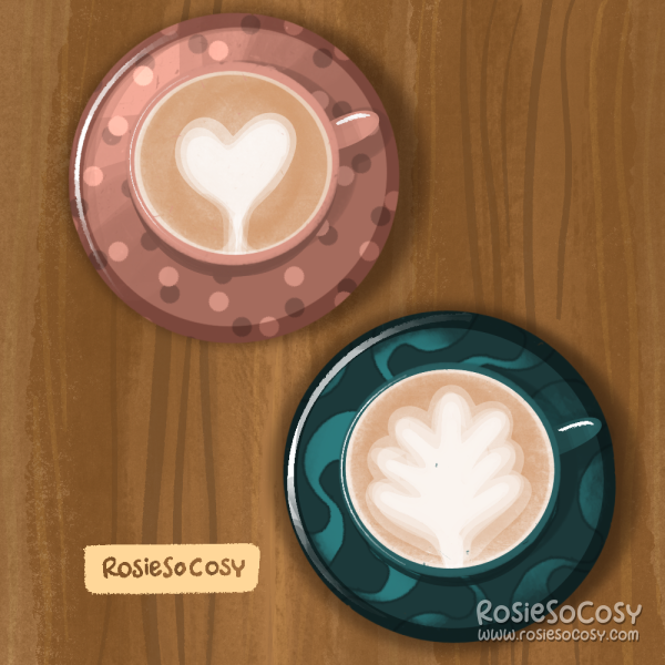 An illustration of two cups and saucers on a wooden table. The view is top down. The top left cup and saucer are a soft, old pink colour, with a dotted pattern all over. The latte has a heart latte art on it. Bottom right is another cup and saucer, in a dark teal. There's a chique, swirly pattern all over. The latte art resembles somewhat of a leaf (but not quite).