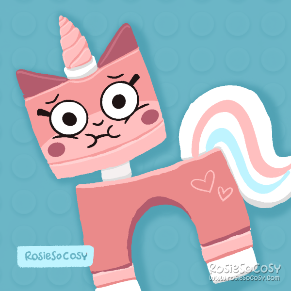 Illustration of Unikitty, a character from the LEGO Movie, as well as her own cartoon tv show. She is a pink unicorn cat construction from LEGO blocks. In this illustration she is looking a bit sick.