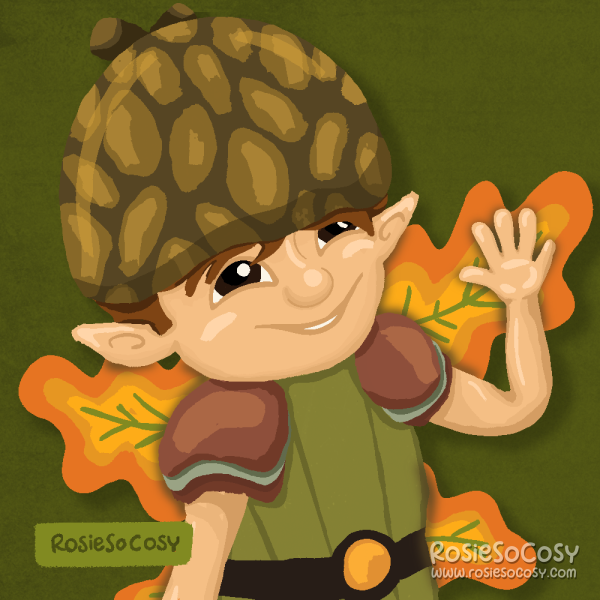 Illustration of Twigs, a character from Tree Fu Tom, a children's programma from Cbeebies. Twigs is a little fairy like creature with an acorn on his head, orange/yellow leafs as wings and a greenish outfit overall.