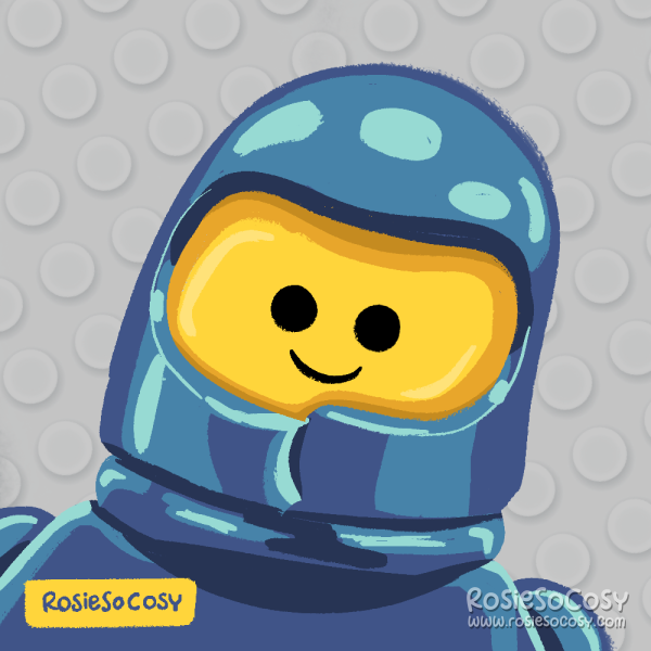 An illustration of a classic space LEGO minifig in blue. One could argue that this is Benny. The space dude is wearing a blue helmet with a cracked chin strap, and a matching blue outfit. The background is light grey and has a brick pattern all over.