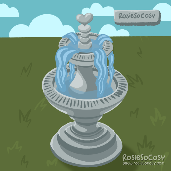 Illustration of a grey two tier fountain on a big green field of grass. In the distance you can see a medium azure blue sky with light blue clouds.