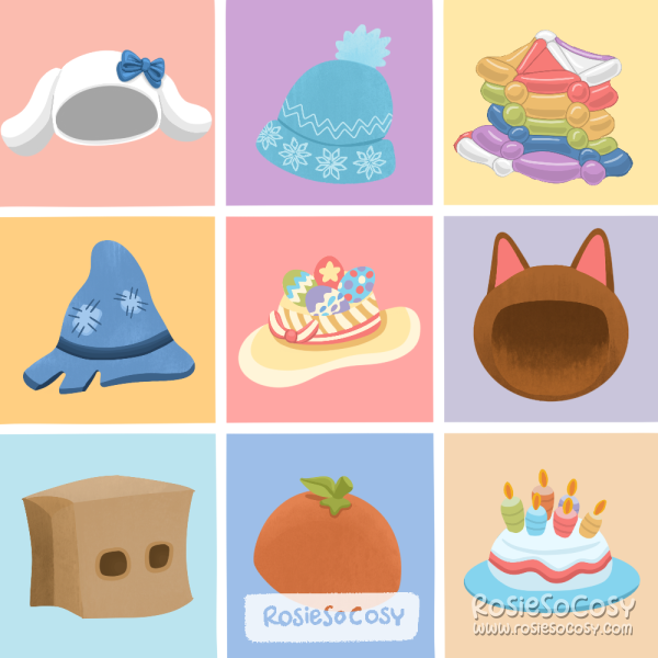 Nine different hats inspired by the headgear in Animal Crossing: New Horizons.