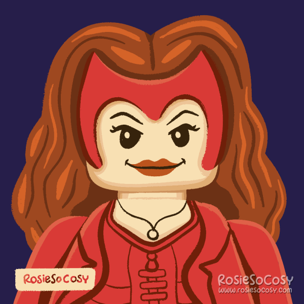 An illustration of Scarlet Witch aka Wanda Maximoff as a LEGO minifig.