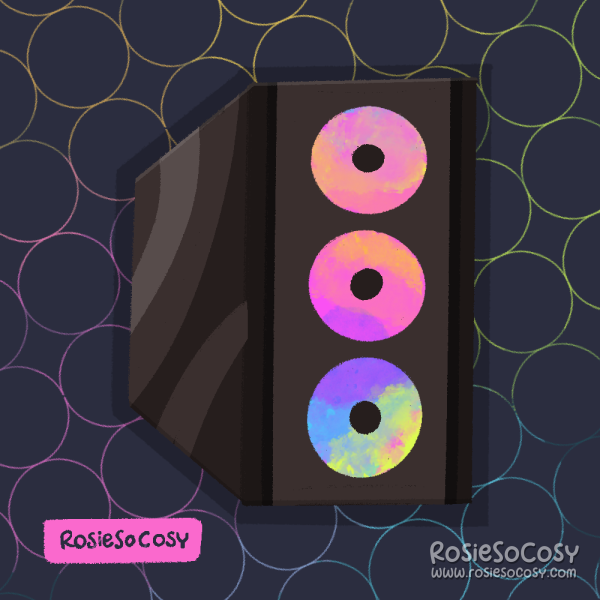 Illustration of a glass Corsair PC case with three RGB fans at the front.