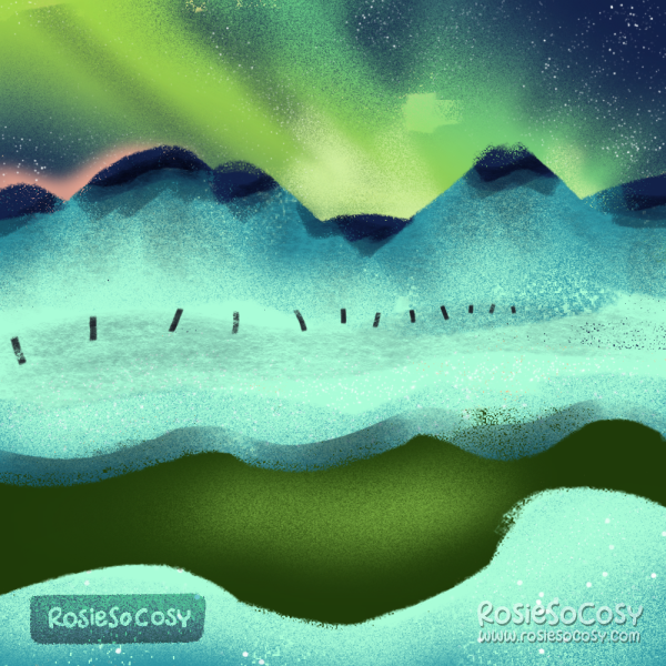 Illustration of an Icelandic landscape. It’s Aurora Borealis over Snaefellsnes peninsula in Western Iceland.