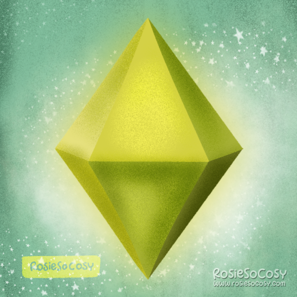 An illustration of a green Plumbob from The Sims. It's shiny and there are stars and sparkles around it. The background is a soft seafoam colour.
