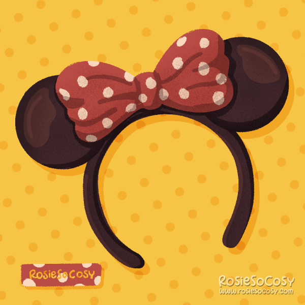 An illustration of Minnie Mouse ears, black with a red bow with white polka dots on it. The background is yellow with slightly darker pollka dots over it.
