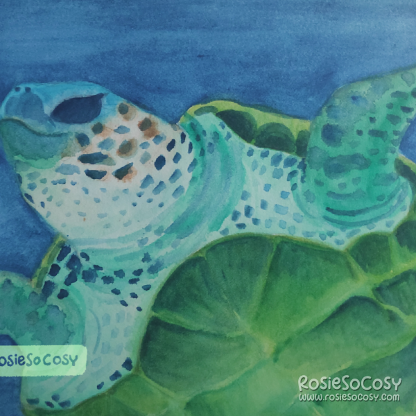 A watercolour painting of a sea turtle swimming underwater.
