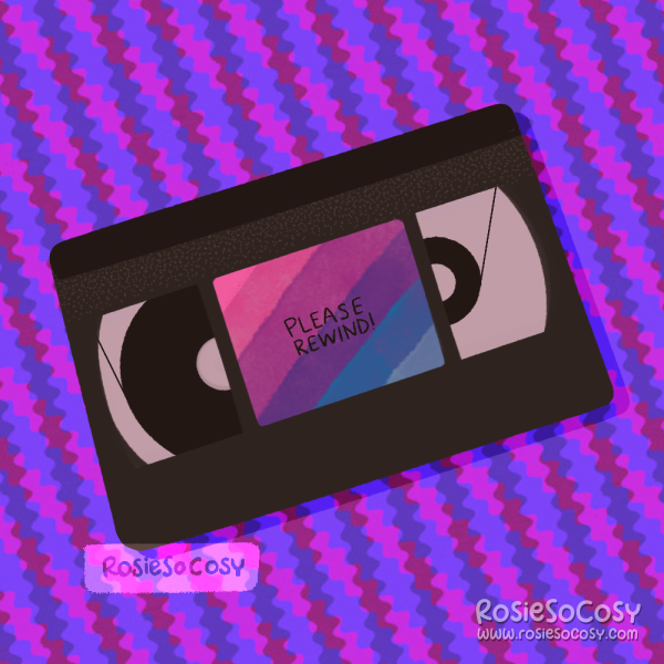 An illustration of a black VHS tape with a pink, purple and blue label on it, with the text “please rewind” on it.