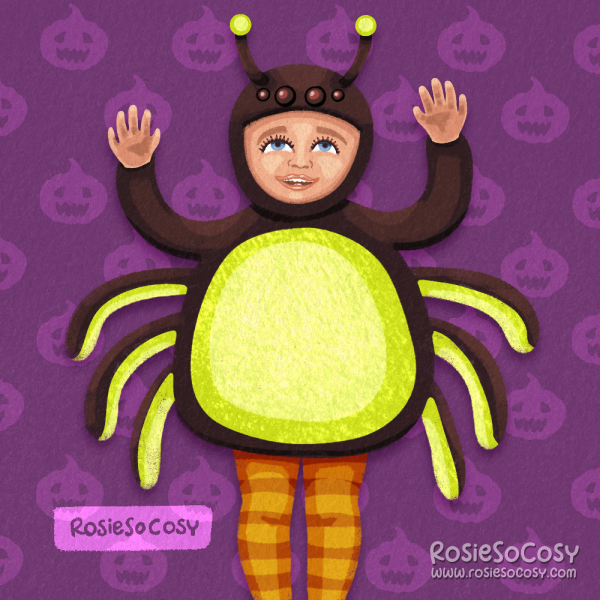 An illustration of a happy child in a black and lime green spider costume.