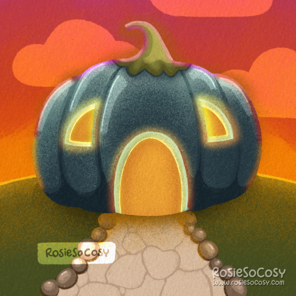 An illustration of a beige coloured stone path leading up to a dark blue pumpkin house. The lights are on inside the house. Behind the house there is a red, orange and yellow sunset.