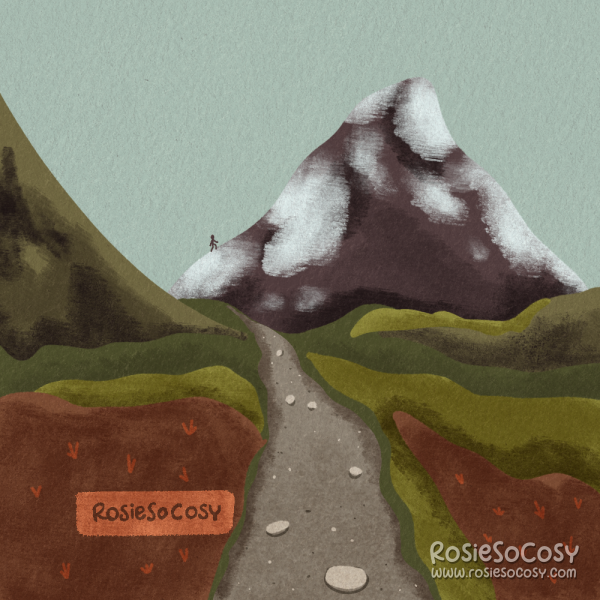An illustration of a autumn landscape, with a grey pebble path in the middle, leading towards a somewhat snowy mountain in the distance. On the left is another mountain, which is green.