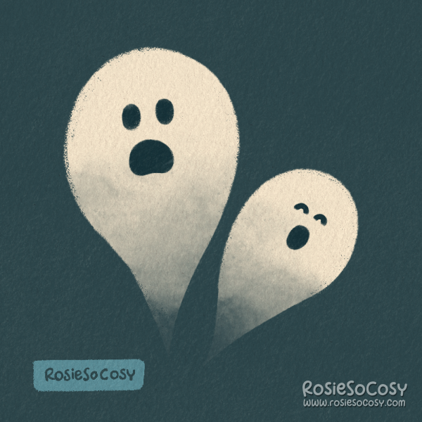 A simple illustration of two creamy white semi transparent ghosts rising on a very dark blue background.
