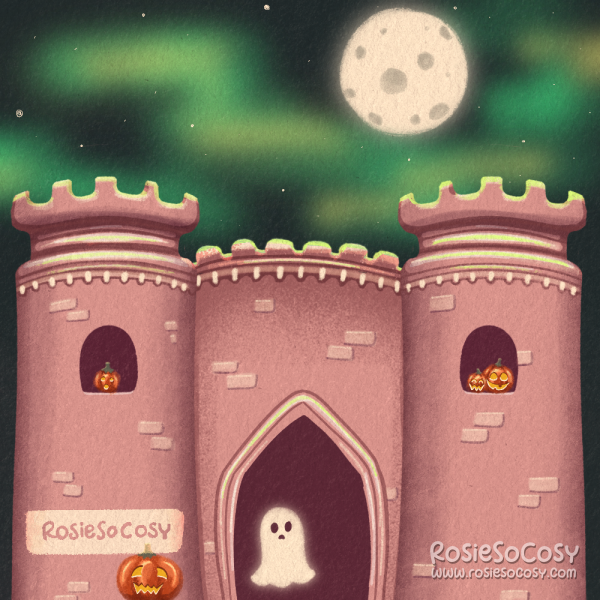 An illustration of a pink castle as seen during the nighttime. The moon is up high in the sky, there are greenish Aurora like lights in the sky. Inside the pink castle there's a creamy white ghost. And there are orange Jack-o'-Lanterns all around.