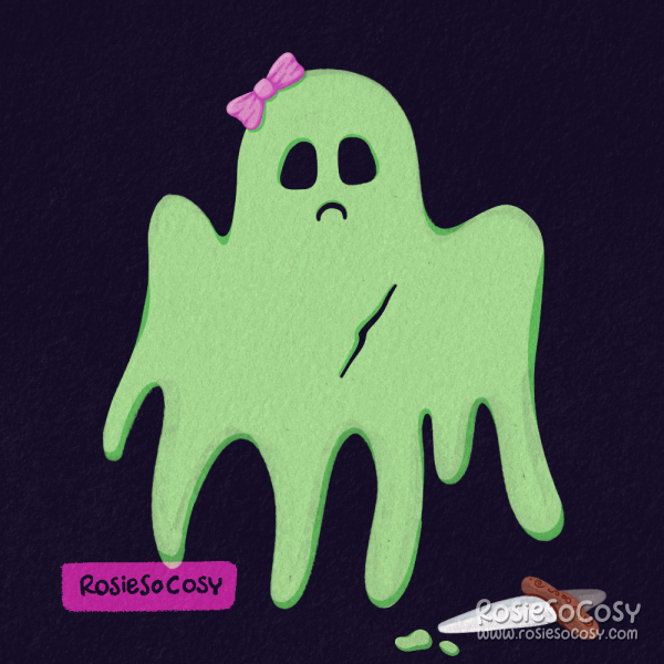 An illustration of a greenish ghost, with a sad expression on her face. She is wearing a pink bow on her head. The body/sheet is torn in the middle, there's a big tear in it. On the ground you can see a dagger with little bits of the sheet.